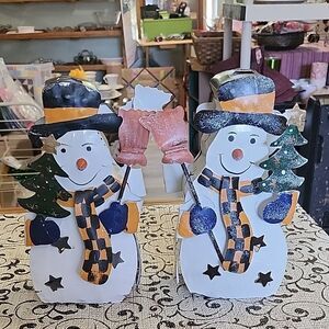 Festive Snowman  Candleholders with Tree Accents